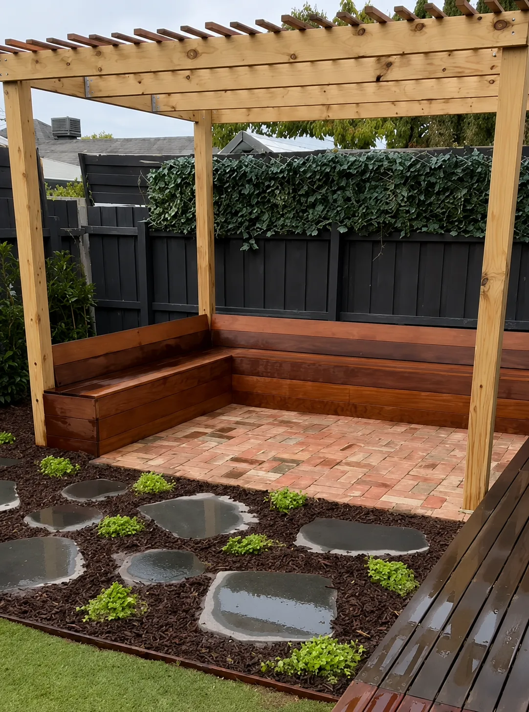 L-shaped Merbau bench under treated pine pergola with reclaimed brick paving and stepping stones, Yarraville Melbourne
