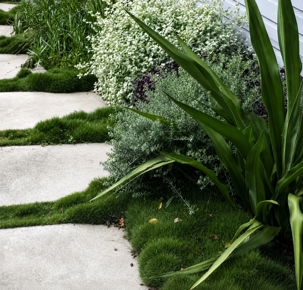 Port Melbourne garden with curved light-coloured paving pathway, lush groundcover, layered planting and architectural foliage
