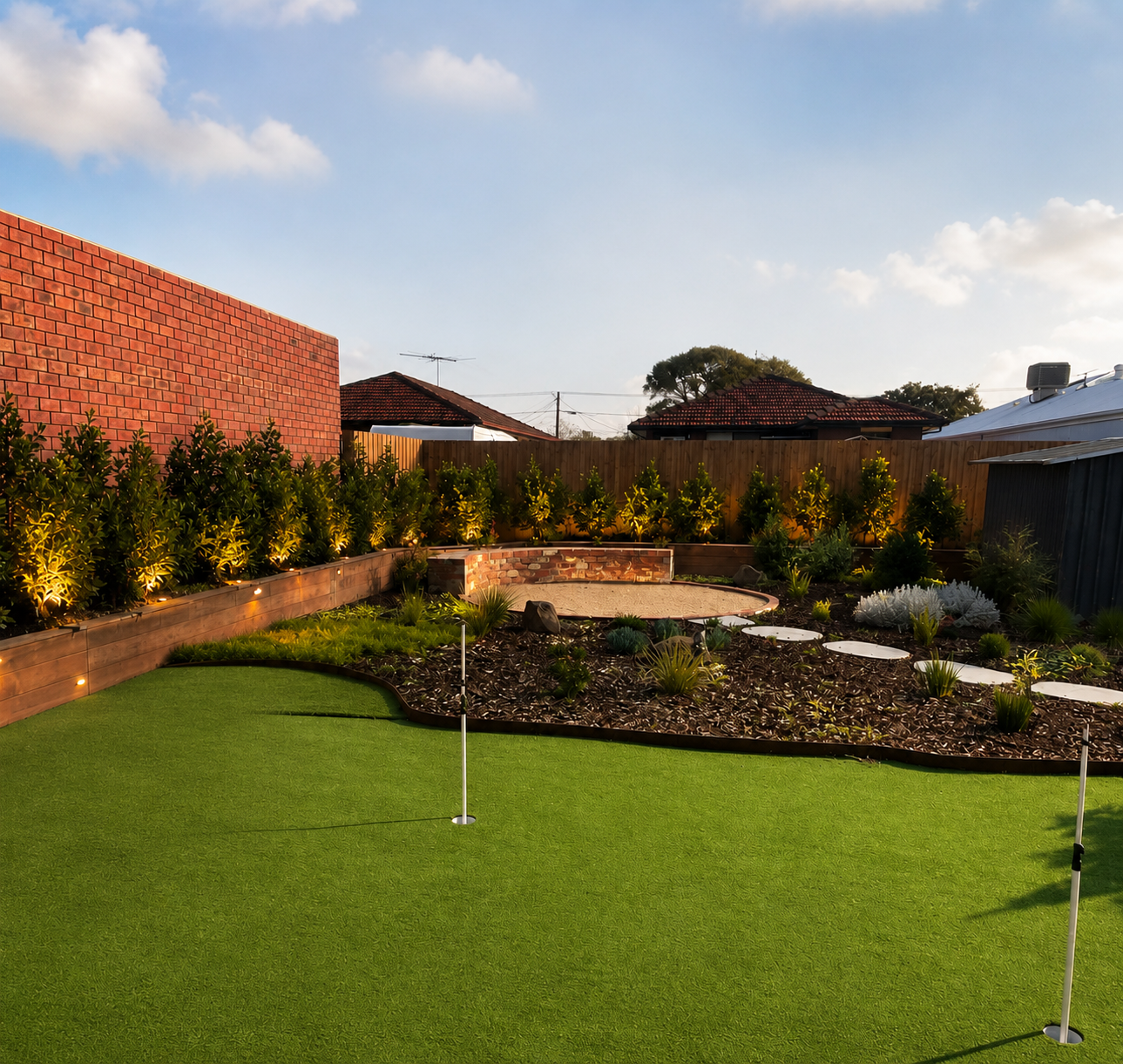 Altona backyard transformation with putting green, curved raised garden beds, stepping stones, feature lighting and firepit area, 12 months on